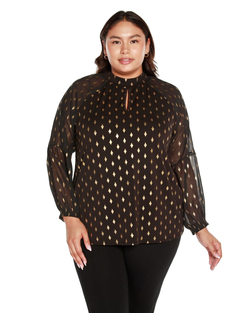Front of a model wearing a size 1X Plus Size Foil Printed Mock Neck Top in Black by Belldini Black Label. | dia_product_style_image_id:319239